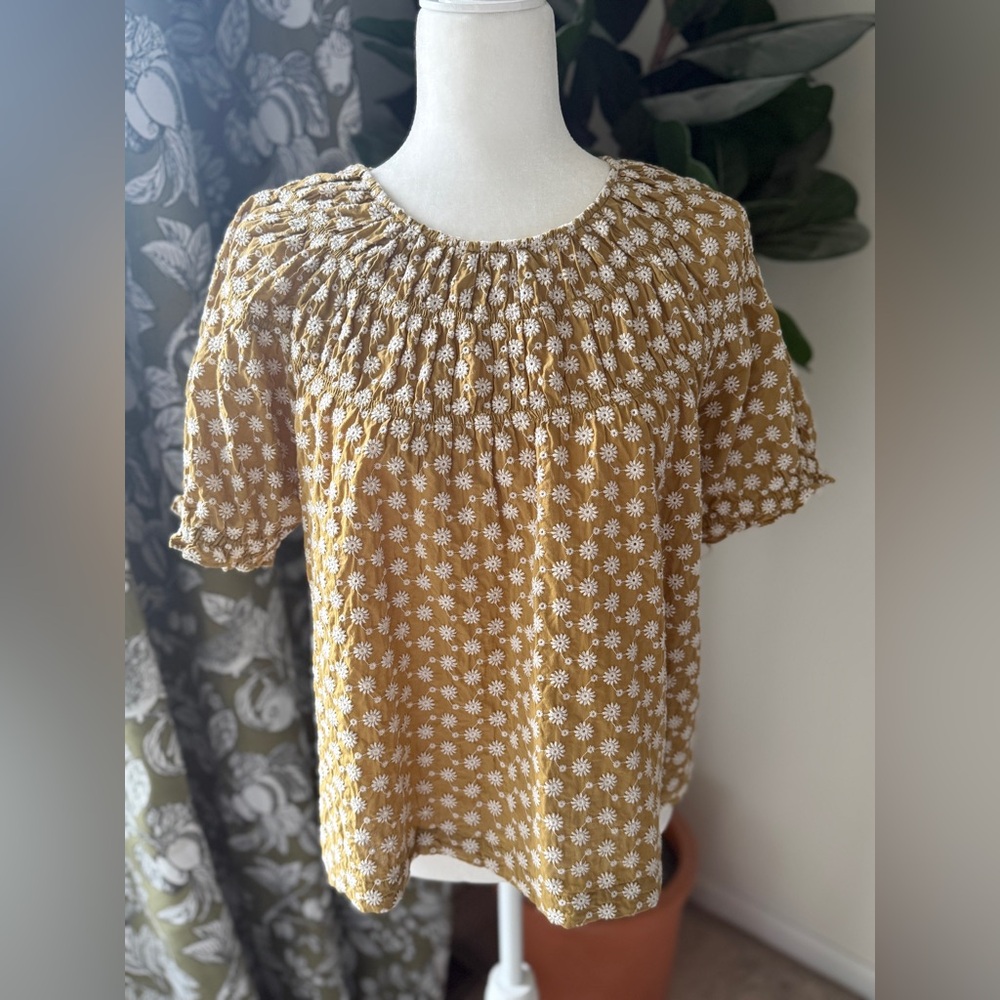 Madewell Mustard Floral Smocked Yoke Blouse